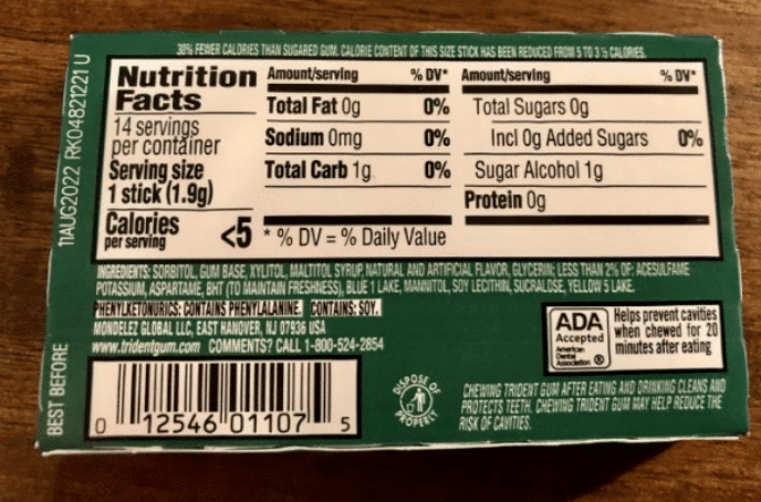 Ingredients of gum packet